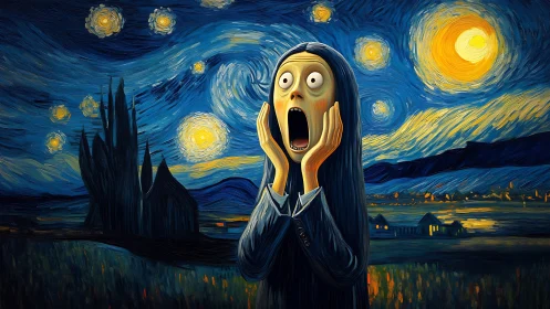 Surreal fusion of The Scream within Van Gogh’s starry sky.