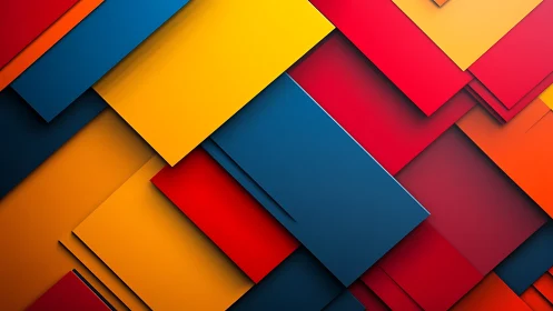 Geometric layered rectangles in vivid primary color blocks.