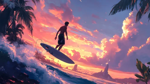 Sunset surfer hovering above glowing tropical waves.