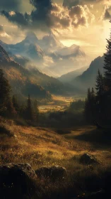 Cinematic alpine valley in golden-hour atmospheric depth.