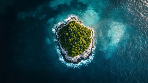 Verdant Island Aerial: Forested Outcrop Surrounded by Turquoise Waters.