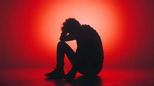 Quiet silhouette person rests in deep red reflective light