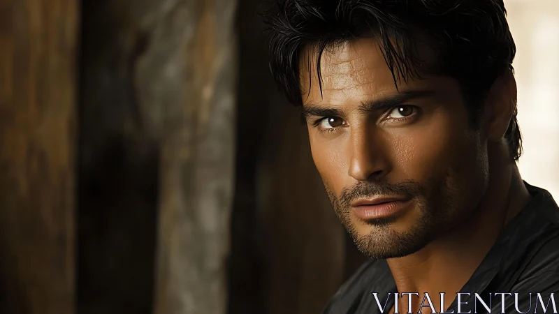 Close-up portrait of bearded man in low warm lighting.