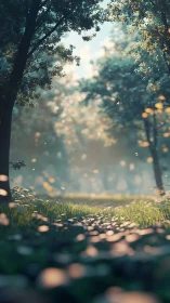 Golden sunlight filters through misty forest clearing.