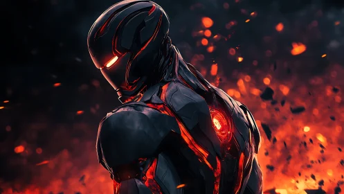 Armored cyborg stands in molten debris with glowing core