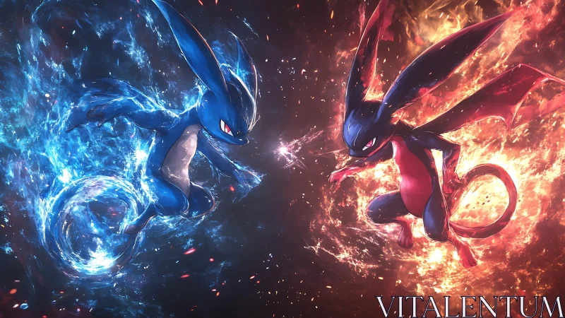 Elemental twin beasts collide in swirling fire and water storm.