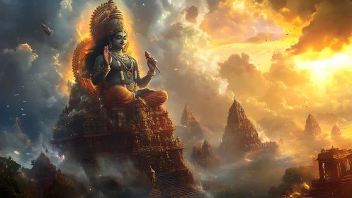 Colossal seated deity dominates luminous mythic temple skyline