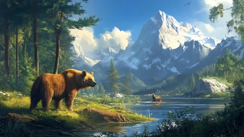 Grizzly bear in alpine river valley under snowcapped peaks