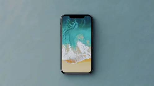 Smartphone front render shows bezel-less display and ocean wallpaper