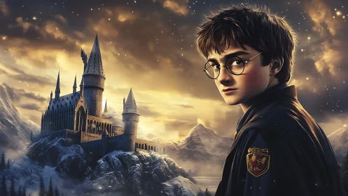 Young wizard overlooks snowbound castle at dusk sky