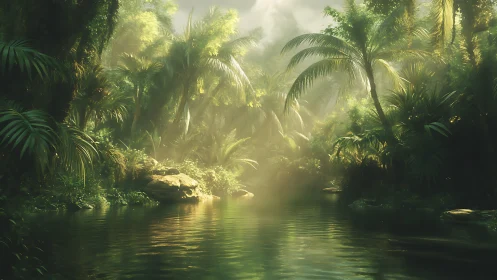 Mist-laden tropical river canopy bathed in ethereal golden sunlight.