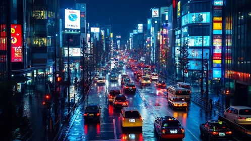 Neon rainstorm traffic river through electric midnight city.