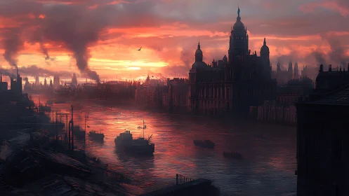 Smoky sunset river city glowing with quiet mystery.