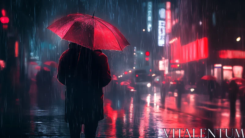 Crimson umbrella glows softly in a rainy neon city night