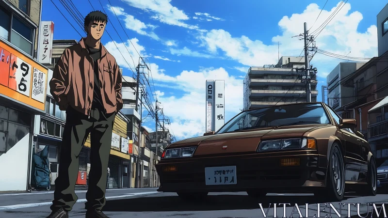 Young man and brown sports car in quiet urban street scene.