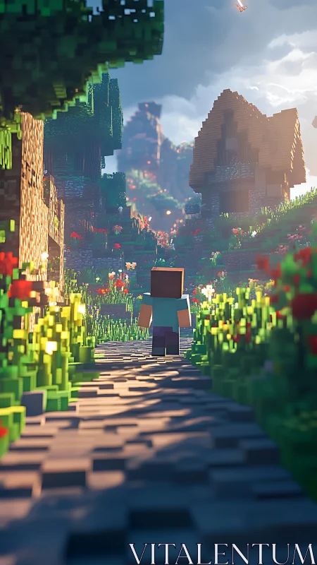 Voxel character on cobblestone path in sunlit Minecraft valley