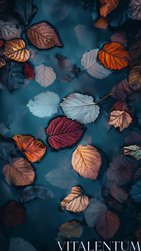 Colorful autumn leaves float on dark reflective water surface