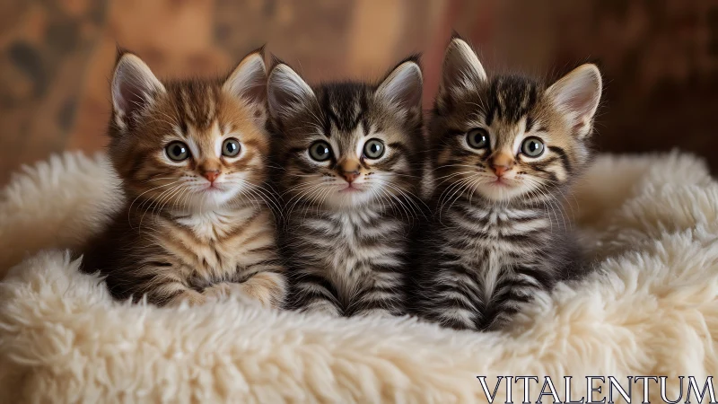 Three Adorable Tabby Kittens Snuggled Together on Soft White Fur.