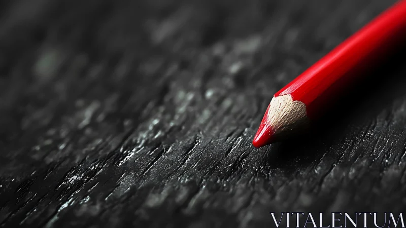 Macro study of red pencil on textured black surface.