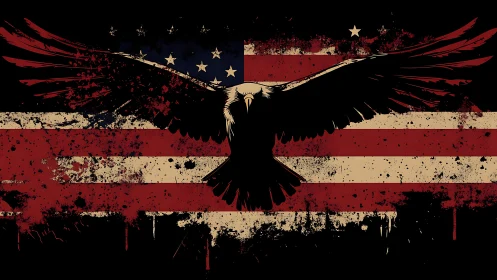 Battle-scarred eagle eclipsing a rebellious grunge flag.