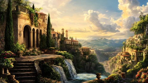 Terraced hillside architecture overlooks waterfalls and valley