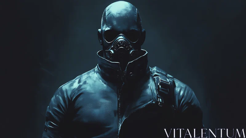 Masked figure in dark tactical jacket under low key light.