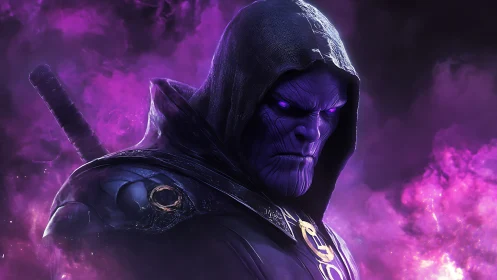 Hooded purple warrior amid swirling violet cosmic smoke.