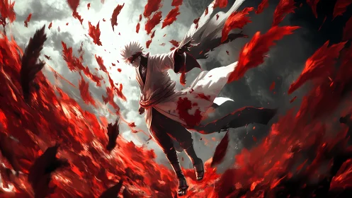 Stormborn warrior strides through a blazing red tempest sky