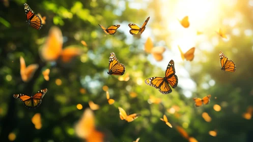 Monarch butterflies drift through golden forest light.
