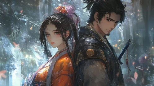 Samurai couple stand back to back in misty forest light