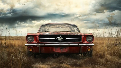 Weathered red Mustang resting proud in a wild prairie field.