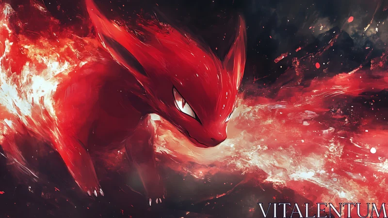 Fiery red beast charging through cosmic embers at speed.