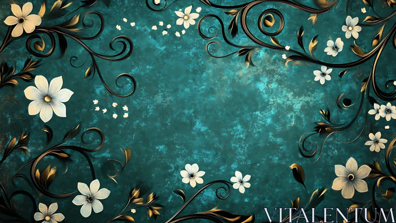 Opulent teal floral scrollwork framing with metallic blossoms.