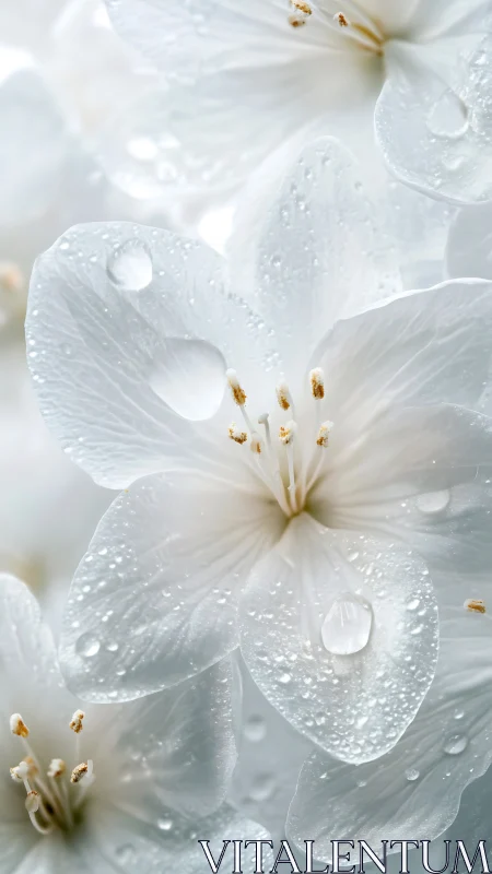 White petaled flower with water droplets and golden stamen structures