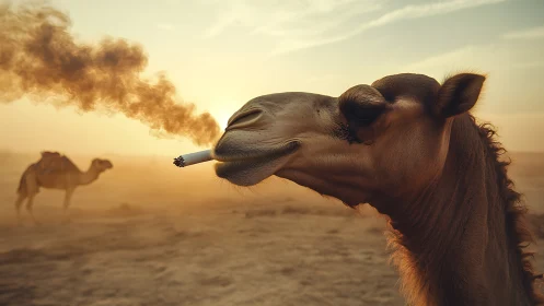 Sunset desert camel poses with cigarette in surreal haze