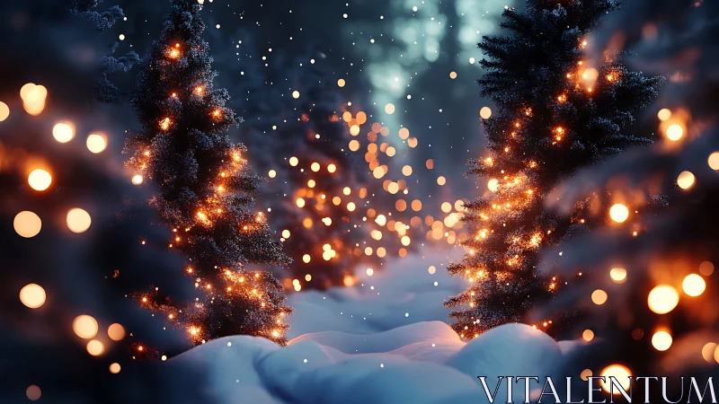 Snowy forest glows with warm festive Christmas tree lights