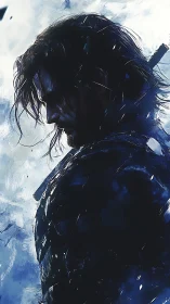 Brooding warrior profile in icy stormlit digital portrait.