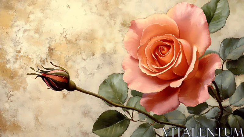 Coral rose bloom and bud on textured impasto background