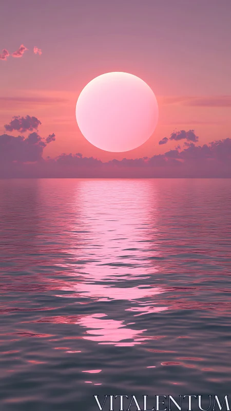 Gentle pink sun drifting over calm, dreamlike ocean.