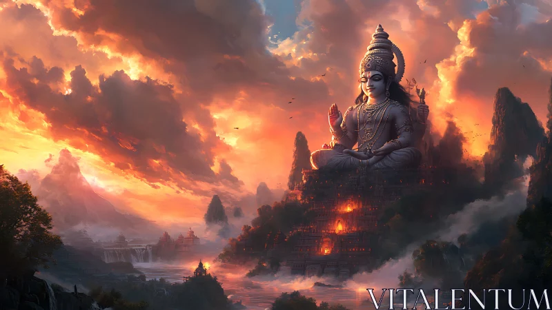 Radiant mountain deity watches over a serene river valley