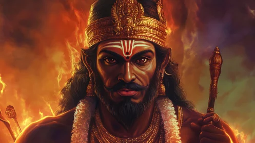 Regal warrior figure in ornate crown before flames.