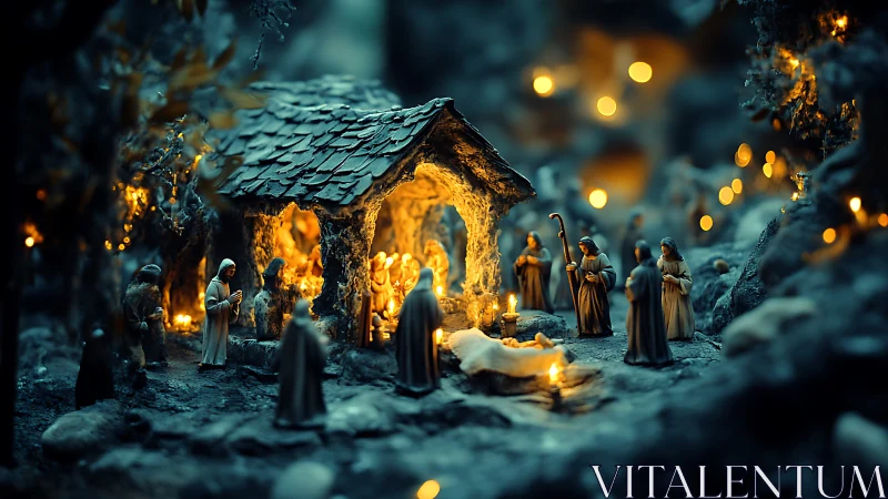 Nativity miniature glowing with warm candlelit reverence.
