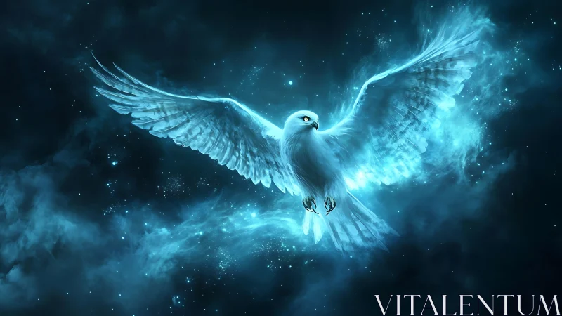 Majestic glowing white hawk soaring in a cosmic night sky, digital art.