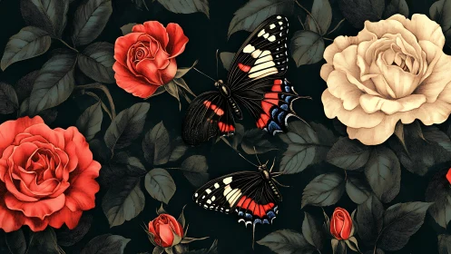 Butterflies among detailed roses on dark botanical ground.