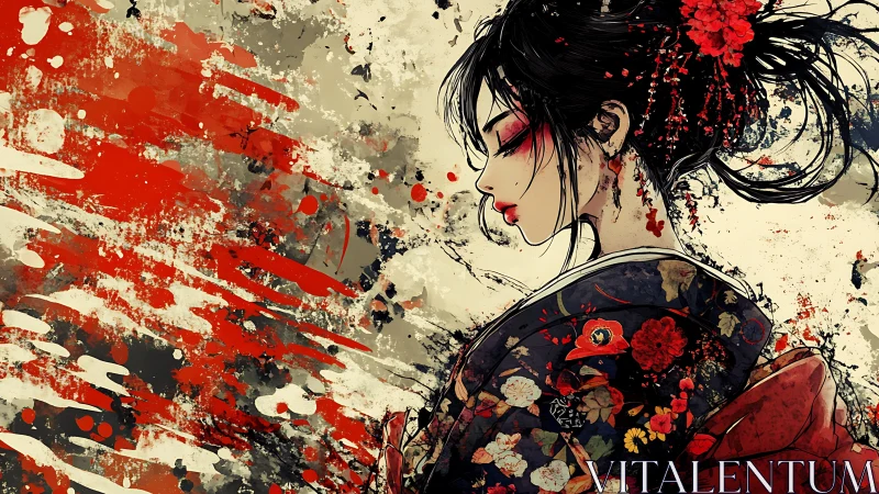 Geisha profile amid abstract crimson ink splatter field.