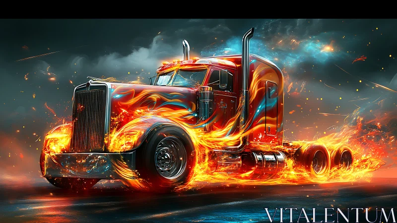 Articulated semi truck rendered with dynamic flame particle effects