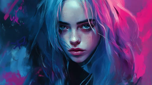 Digital portrait shows blue and magenta lit female face