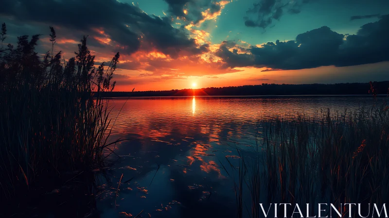 Golden lake sunset wrapped in glowing clouds and reeds.