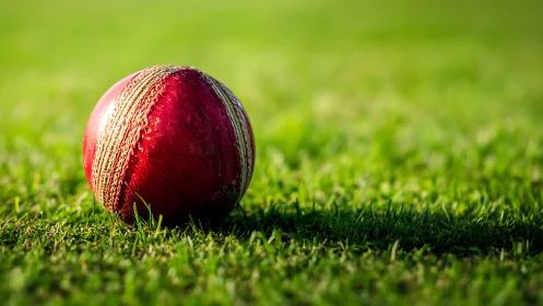 Red cricket ball resting on green grass field surface.