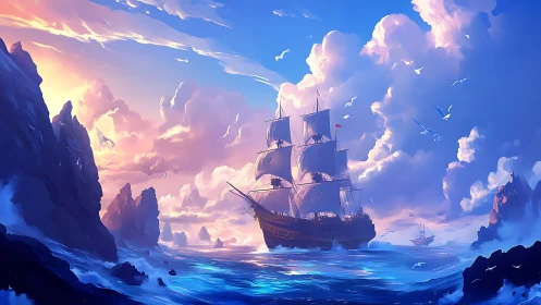 Golden galleon under radiant cloudscape in dynamic seascape.